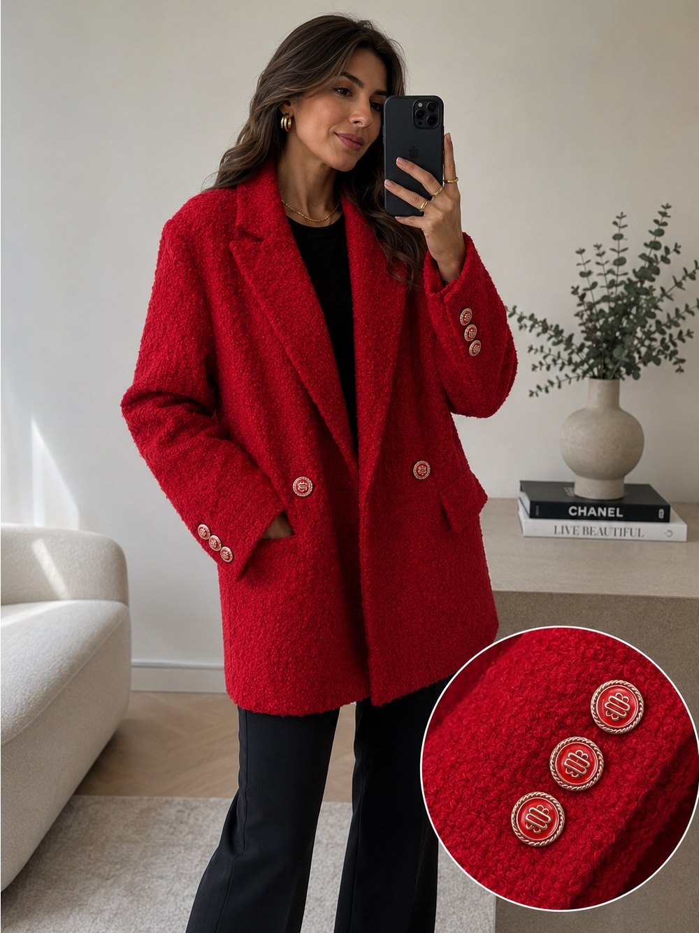 Maje Red Bouclé Double-Breasted Blazer / Jacket